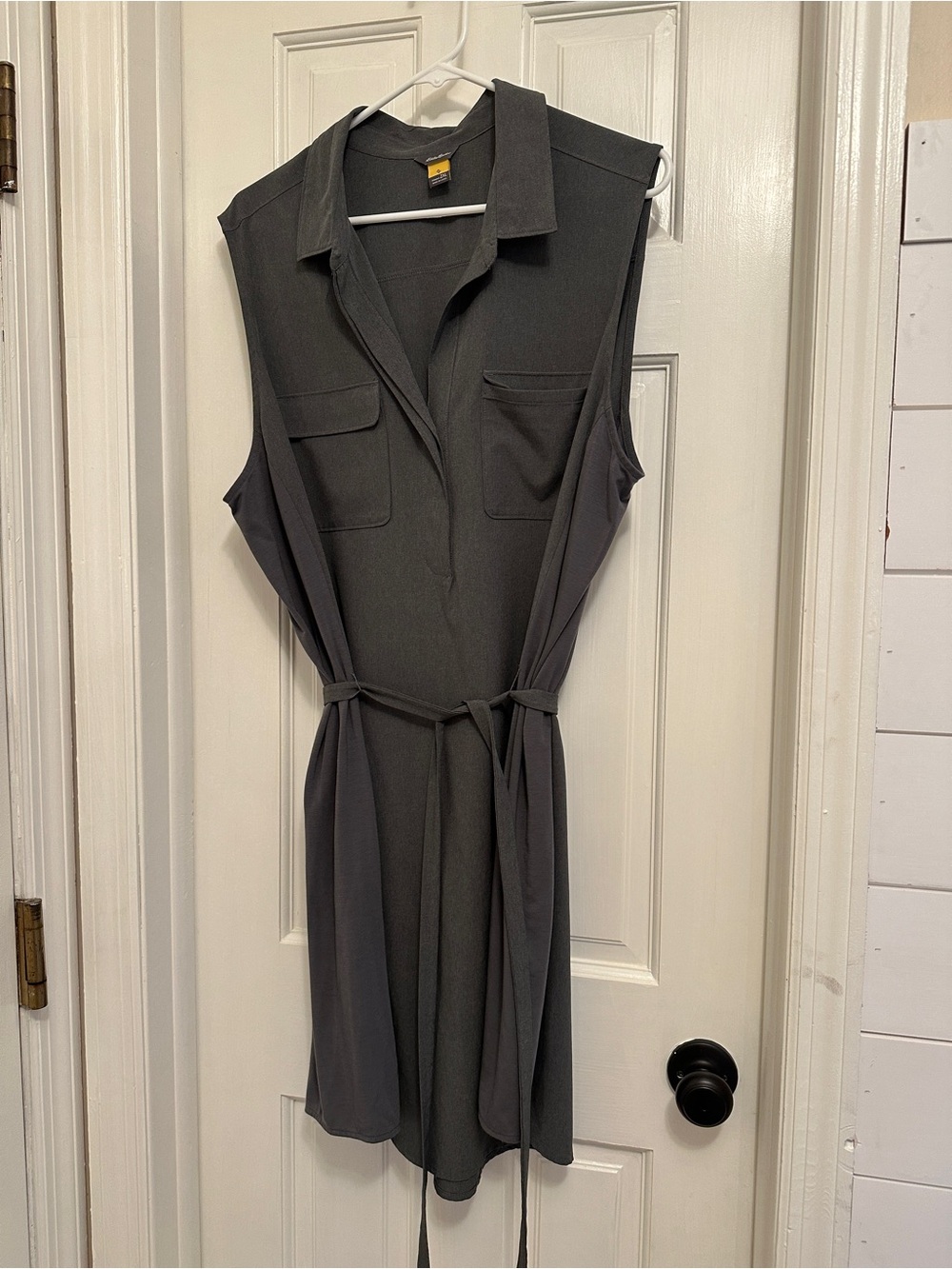 Eddie Bauer Sleeveless Dark Gray Midi Shirt Dress with Tie